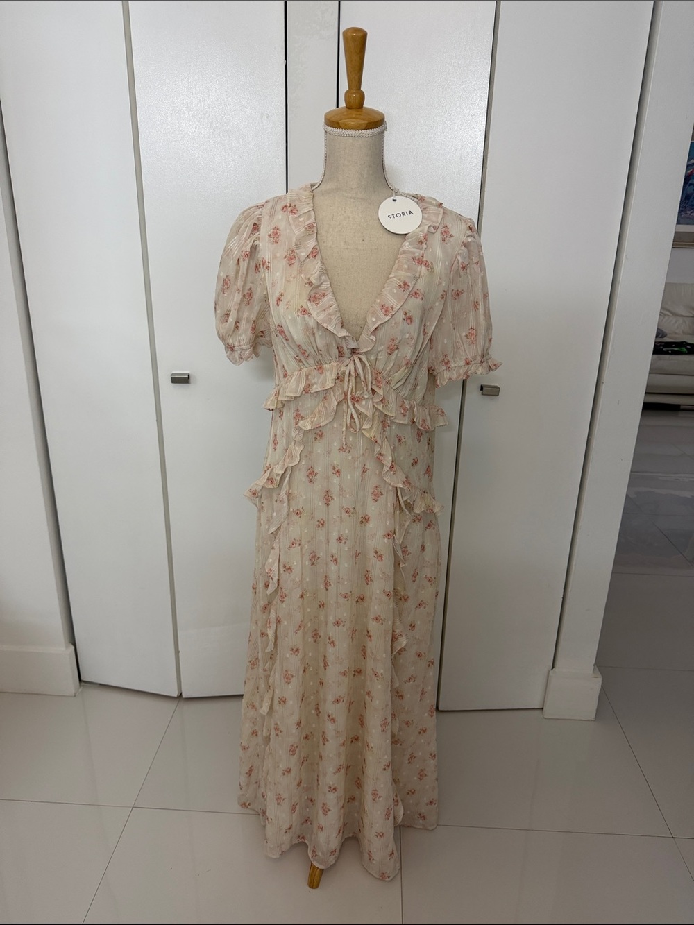 Storia Cream Lined Maxi Dress with Pink Floral Print and Ruffle Details